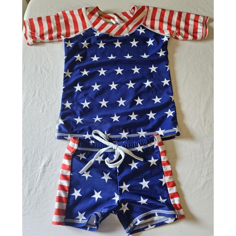 Girls Patriotic Rash Guard Swim Set Stars Stripes Size M Fits 6